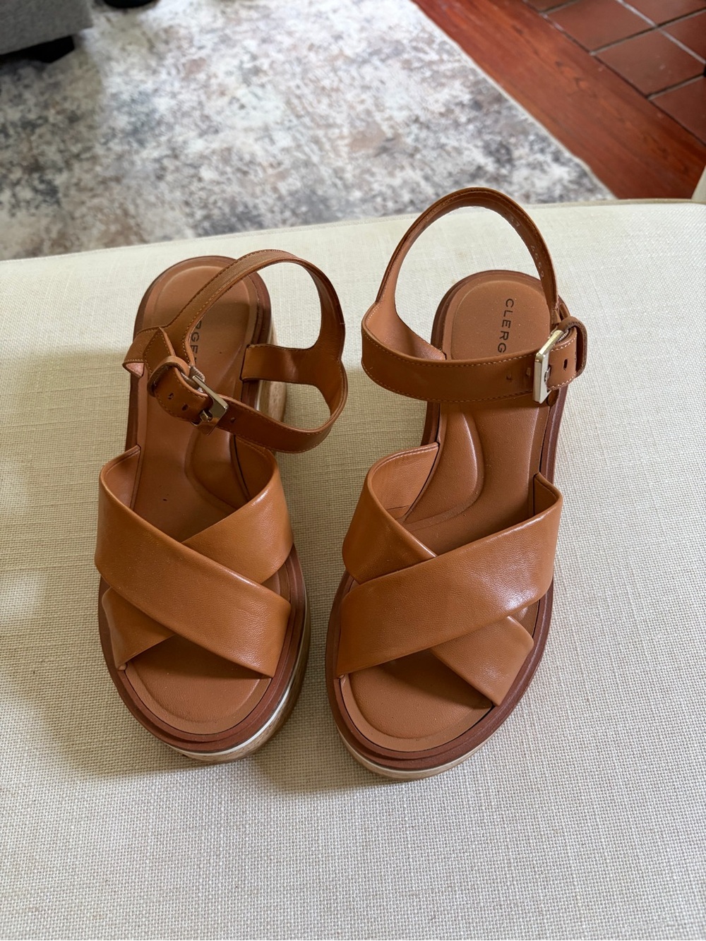 Robert Clergerie Cognac Leather Crisscross Platform Sandals